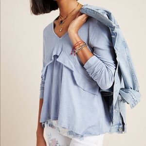 Anthropologie Glenna Ruffled Long Sleeve Tee Sz Small Dusty Blue